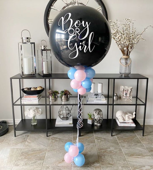 Personalised Gender Reveal Helium Balloon Black Latex with Customize Sticker and Mini Latex Blue and Pink accents - Customizable Design
