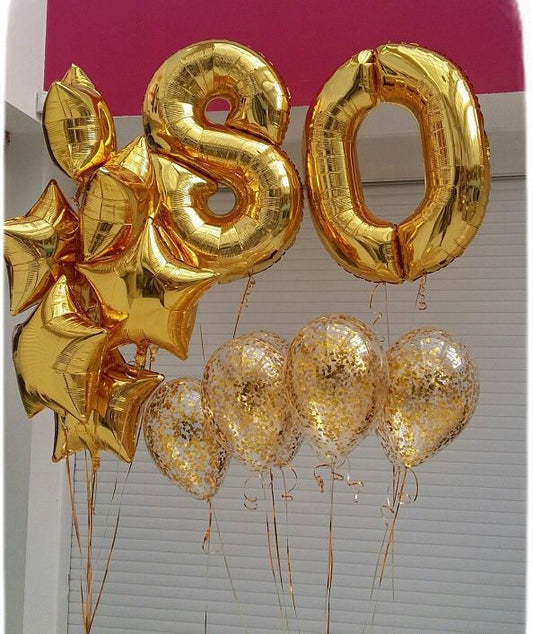 Helium Balloons Two Number Set Gold '80' and Latex Clear with Confetti and Star-Shaped Foil Bunch  - Perfect for any Occasions!