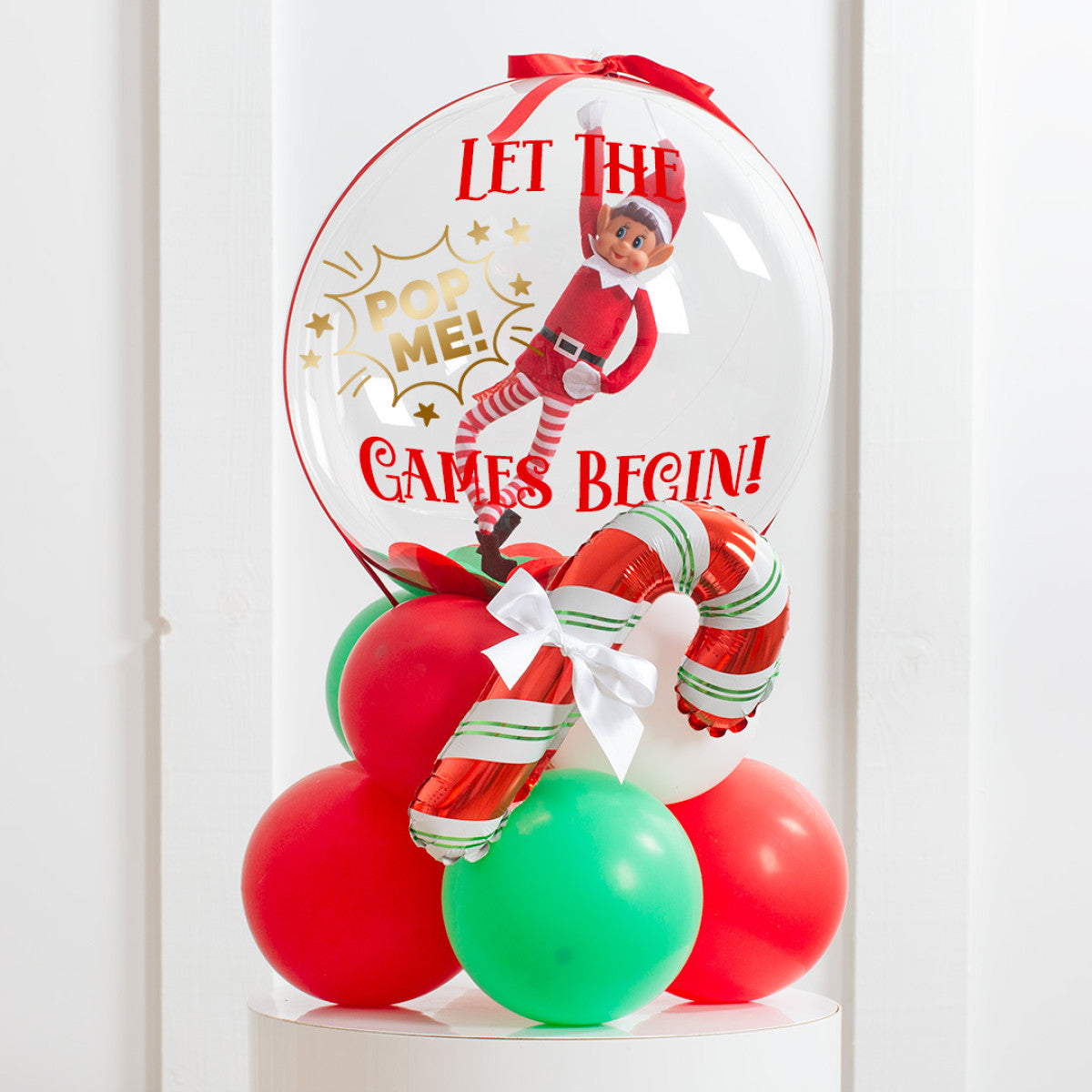 Personalised Christmas Balloon on Stand - Christmas Greetings Stand with Festive Elf Inside