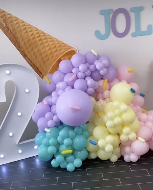 Customizable Board Cone Designed with Balloon Purple, Yellow, Green and Pink Melted Ice Cream Arrangement - Ice Cream-Themed Perfect for special occasions!