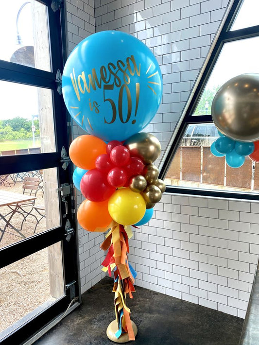 Personalised Pillar/Column/Tower Balloons Red, Yellow, Orange and Blue with Customize Sticker and Tassels - Birthday, Corporate Event, Grand Opening, Company Event Perfect for special occasion!