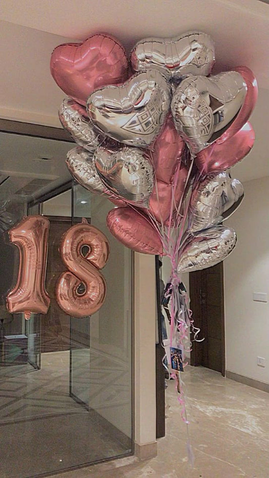 Helium Rose Gold ‘18’ Two Number Set Balloon with Silver and Pink Heart-Shaped Foil Balloons - Birthday, Valentine's, Anniversary Perfect for any special occasions!