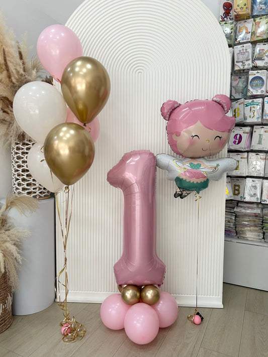 Pink Number Platform ‘1’ with Pink and Light Gold with Helium Latex Bunch Pink, Light Gold and White, Fairy Foil – Customizable Design