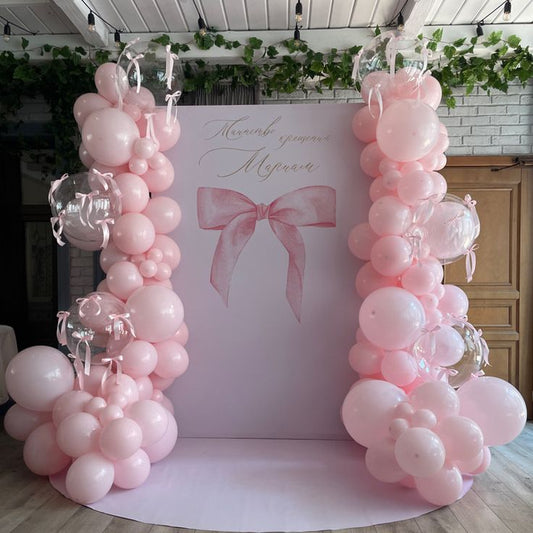 Luxury Style with Fabric Ribbon Themed Customize Backdrop and Balloons Pink Themed Birthday Party Clear Balloon Helium Handmade Ribbon