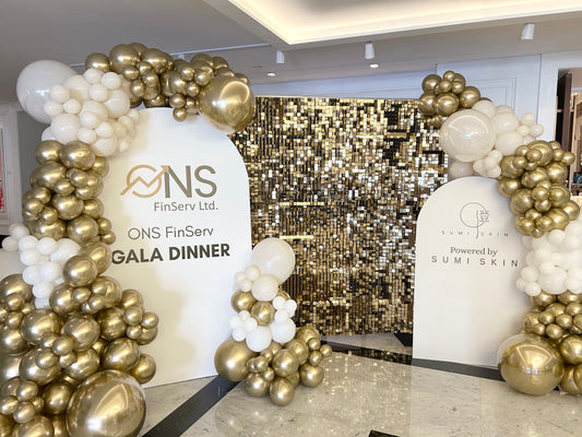 Gold Shimmer Wall Setup with Balloon White, Dust White and Light Gold and Customize Board for Company Business Event - Perfect for any Celebration