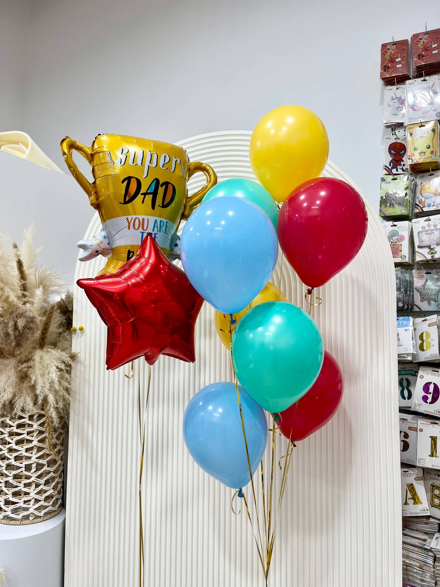 Helium Balloons Latex Green, Blue, Red and Yellow with Foil ‘Super Dad You Are The Best’ and Red Star - Customizable Design