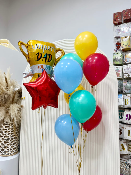Helium Balloons Latex Green, Blue, Red and Yellow with Foil ‘Super Dad You Are The Best’ and Red Star - Customizable Design