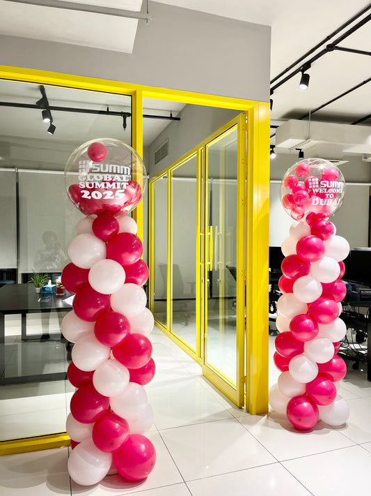 Pillar/Column/Tower Latex Deep Pink and White with Customize Company Logo Sticker - Customizable Design Perfect for Corporate Event, Grand Opening, Company Event!
