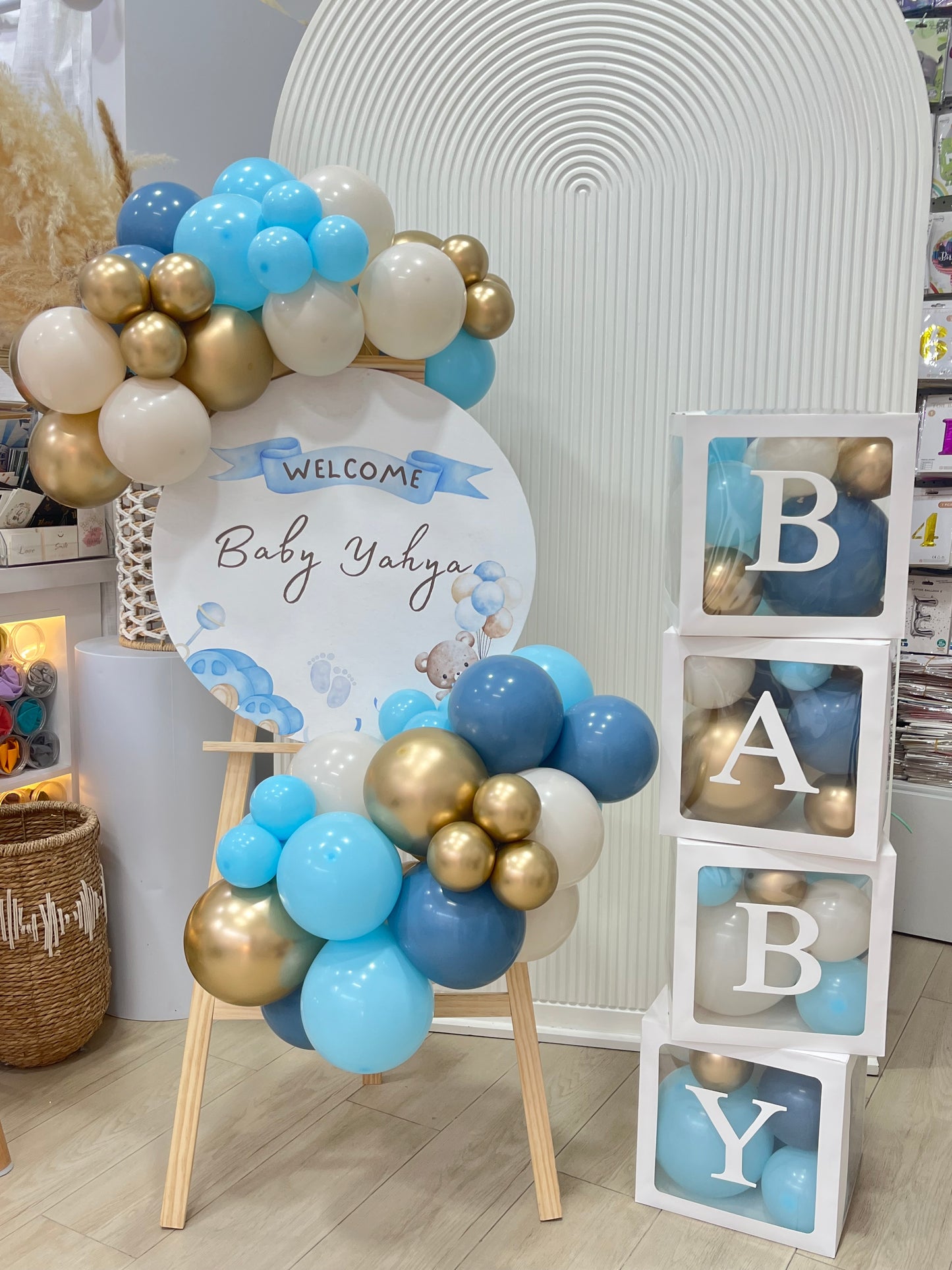 Baby Shower Balloon Light Gold, Blue and Beige with BABY Box with Mini Balloons and Customizable Circle KT Board Decor Setup - Perfect for special occasions
