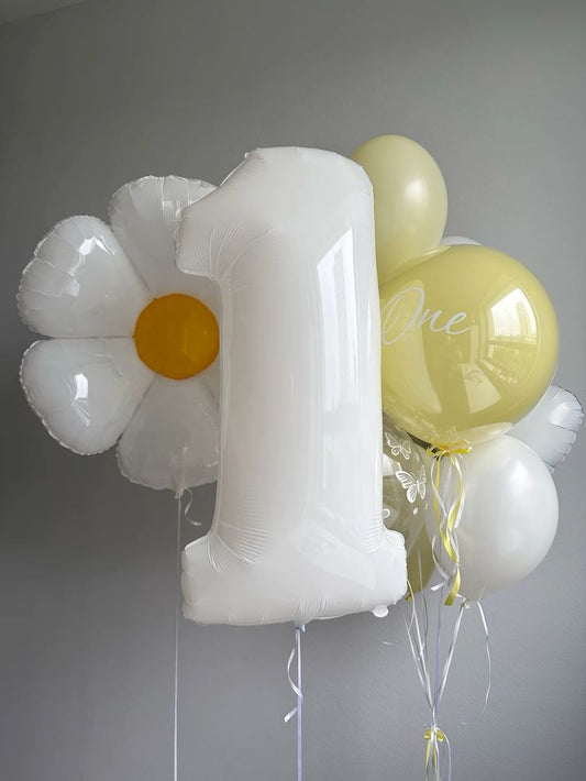 Helium Balloons Single Number Set White '1' and Personalised Clear with Yellow Latex with Customize Sticker, Latex Bunch White, Yellow and Clear with Heart-Shaped and Daisy Flower Foil with Ribbons - Customizable for Any Celebration