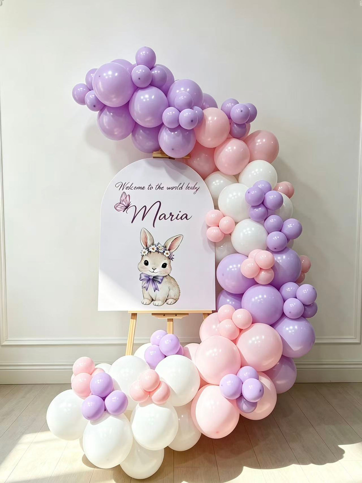 Customizable Canvas with Wooden Stand Welcome Board with Balloons White Purple Pink