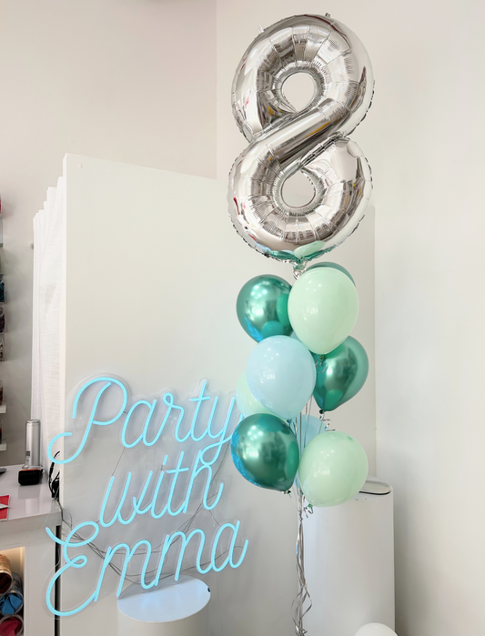 Helium Silver Single Number Set Balloon with Glossy Green, Light Green and Blue Latex Balloons