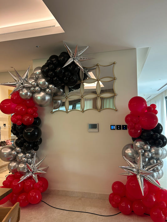 Balloon Organic Arrangement Silver, Red Black with Starburst accents - Perfect for special occasion!