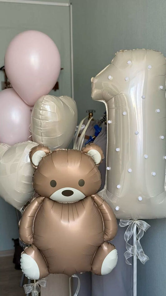 Helium Balloon Single Number Set of Beige Number ‘1’ Balloon with Bear and Beige Heart-Shaped with Latex Helium Bunch Pink  - Safari and Jungle-Themed Perfect for any Occasions