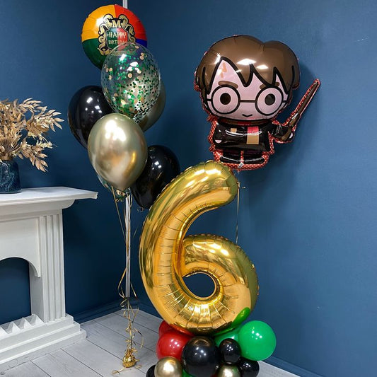 Platform Single Number Set of Gold Number ‘9’ Balloon Harry Potter Character Witch Hat and Gold Star with Customize Sticker Black Gold