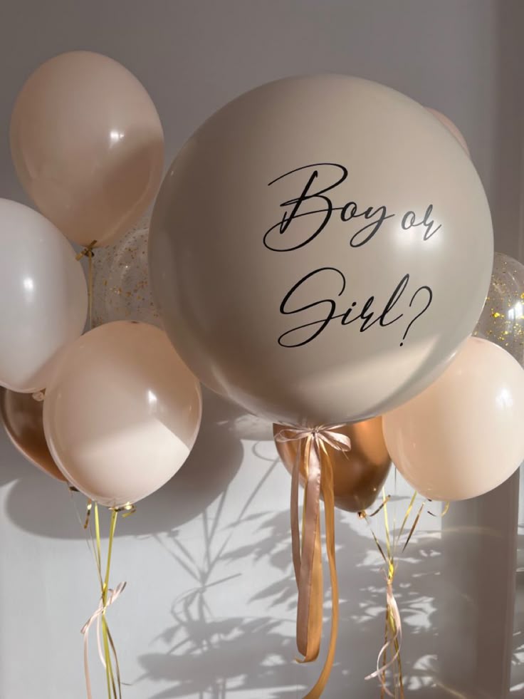 Personalised Gender Reveal Helium Balloon Beige Latex with Customize Sticker and Helium Bunch of Beige, White, Gold and Clear with Confetti - Customizable Design
