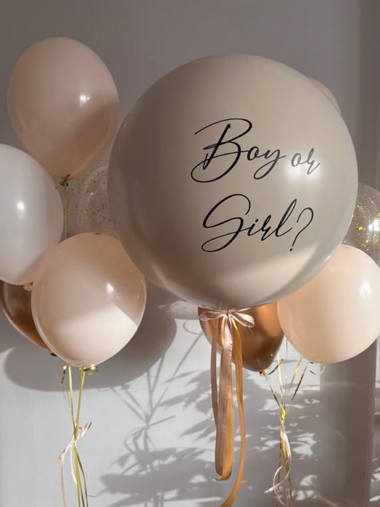 Personalised Gender Reveal Helium Balloon Beige Latex with Customize Sticker and Helium Bunch of Beige, White, Gold and Clear with Confetti - Customizable Design