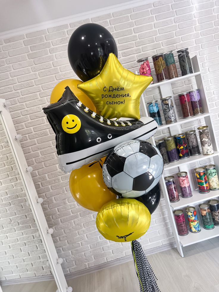 Balloon Soccer Ball, Customize Sticker Star and Circle Foil and Yellow, Black Latex Helium Bunch with Tassels - Sports-Themed, Football-Themed Soccer-Themed Perfect for any Occasions!