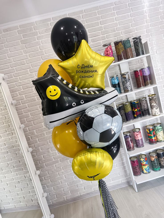 Balloon Soccer Ball, Customize Sticker Star and Circle Foil and Yellow, Black Latex Helium Bunch with Tassels - Sports-Themed, Football-Themed Soccer-Themed Perfect for any Occasions!