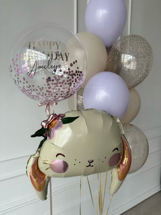 Personalised Clear with Confetti and Customize Sticker, Rabbit and Latex Helium Purple, Beige and Clear with White Foam - Rabbit-Themed Fairy-Themed Garden-Themed Perfect for any Occasions
