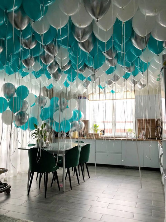 Latex Helium Bunch and Ceiling White, Silver and Teal Balloons with White Strings - Perfect for Special Occasions!