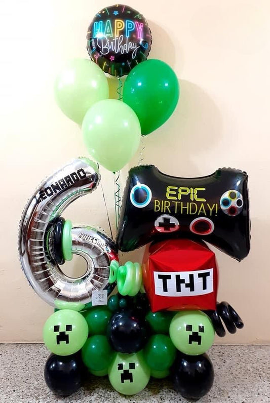 Platform Silver Number '6' with Sticker, Latex Black and Green, Printed Red Orbs, Game Controller and Circle Foil 'Happy Birthday' with Green Latex Helium Bunch - Minecraft-Themed Perfect for special occasions!