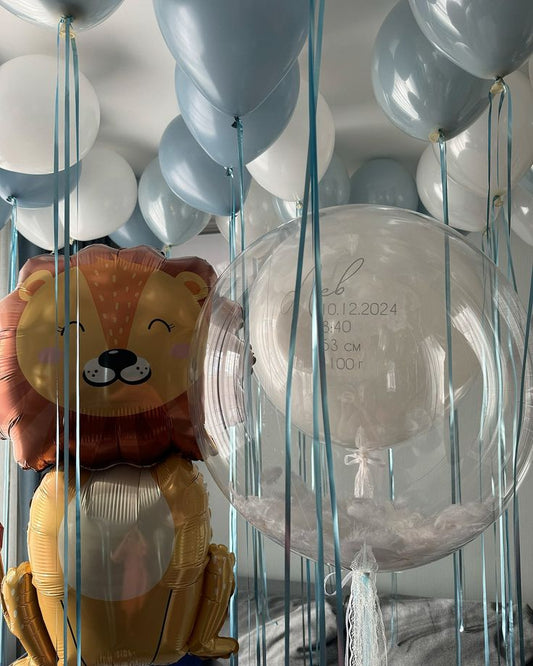 Personalised Clear with White Latex and Customize Sticker, Clear with Feather, Lion Foil Helium and Latex Helium Bunch White and Blue - Safari and Jungle-Themed Perfect for special occasions!