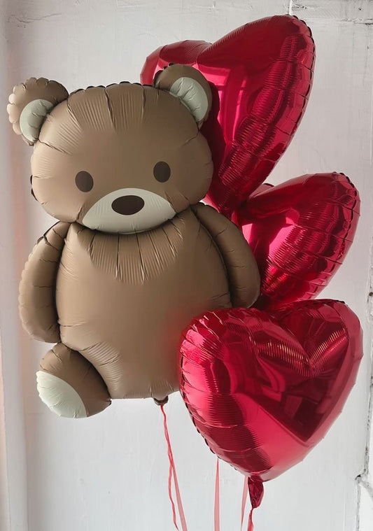 Red Heart-Shaped Bunch and Brown Bear Helium - Baby Shower, Bear-Themed Perfect for any Occasions