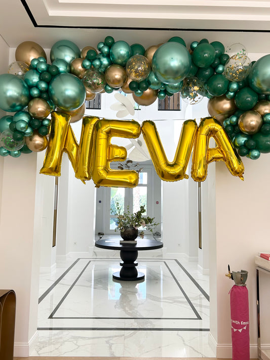 Balloon Chain Garland Chrome Green Light Gold  Clear with Confetti with Gold Letter - Customizable Design