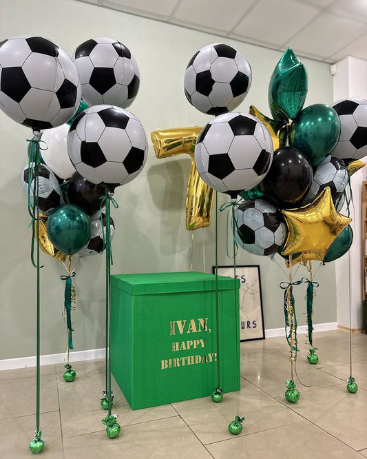 Helium Balloon Single Number Set of Gold Number ‘7’ Balloon with, Soccer Ball, Green Star, Black and Chrome Green Latex Helium Bunch - Sports-Themed, Football-Themed, Soccer-Themed Perfect for any Occasions