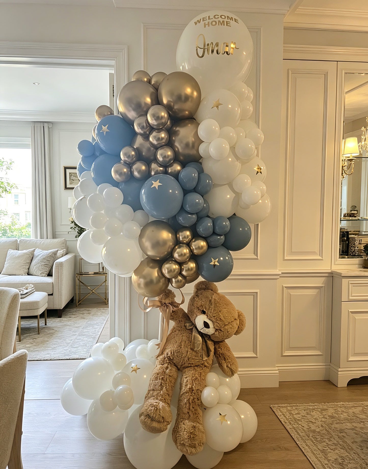Hospital or Home Welcoming Baby Balloon Teddy Bear with Customize Sticker Balloons White Blue Light Gold  - Perfect for special occasions Baby Shower Welcome Baby Newborn