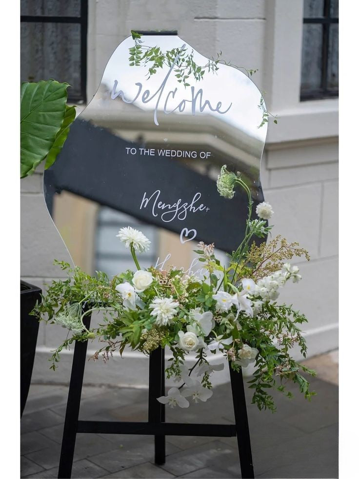 Wooden Stand with Mirror Frame Customizable with Sticker and Artificial Flowers - Perfect for special occasion!