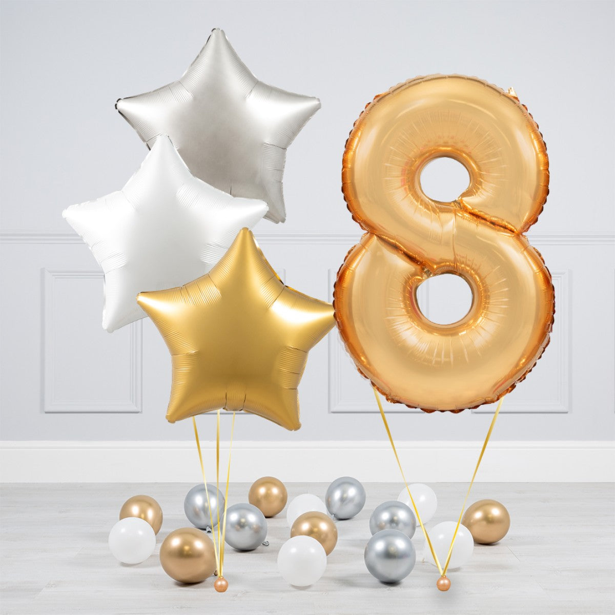 Helium Gold Single Number Set Balloon - Silver, White and Gold Stars with Mini Balloons