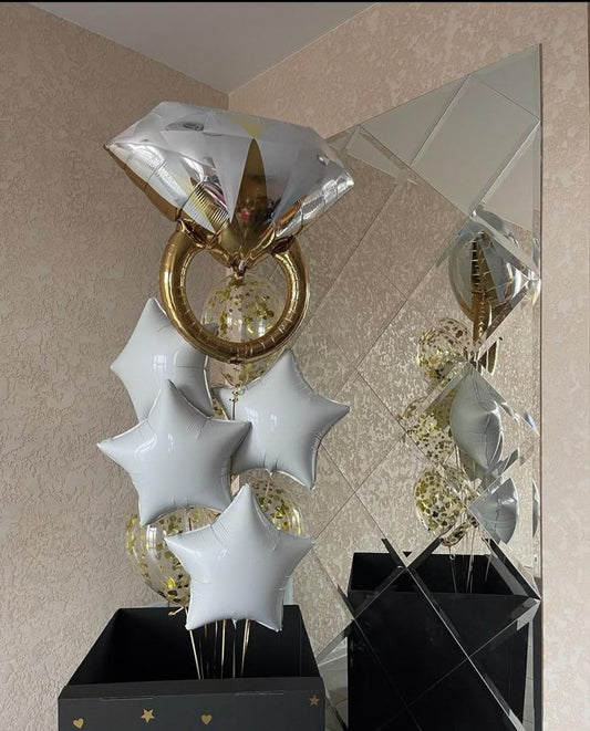 Engagement Gold Diamond Ring with Helium Bunch White Star-Shaped and Clear with Confetti - Bridal Shower Perfect for Special Occasions!