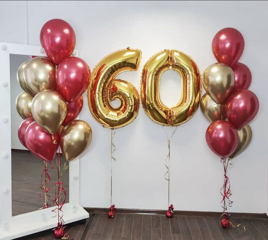 Helium Balloons Two Number Set Gold '60' with Latex Chrome Red and Light Gold Bunch - Perfect for any Occasions!
