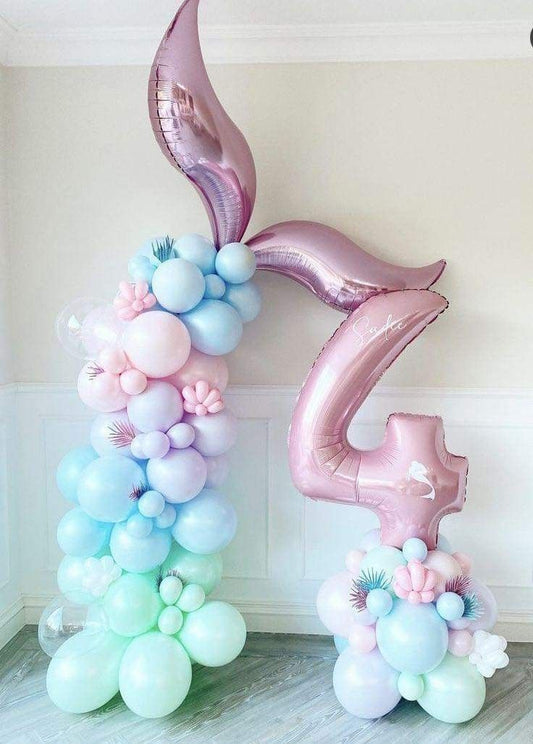 Pillar/Tower/Column Balloons Blue, Pink, Purple and Pink with Mermaid Tail accents and Number Balloon on Stand Pink '4' with Customize Sticker  - Customizable Design