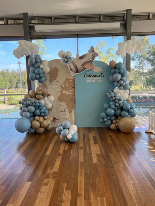 Aircraft Airplane Bon Voyage-Themed Customize Backdrop Number 1 and Balloons Blue White Green  Themed Birthday Party