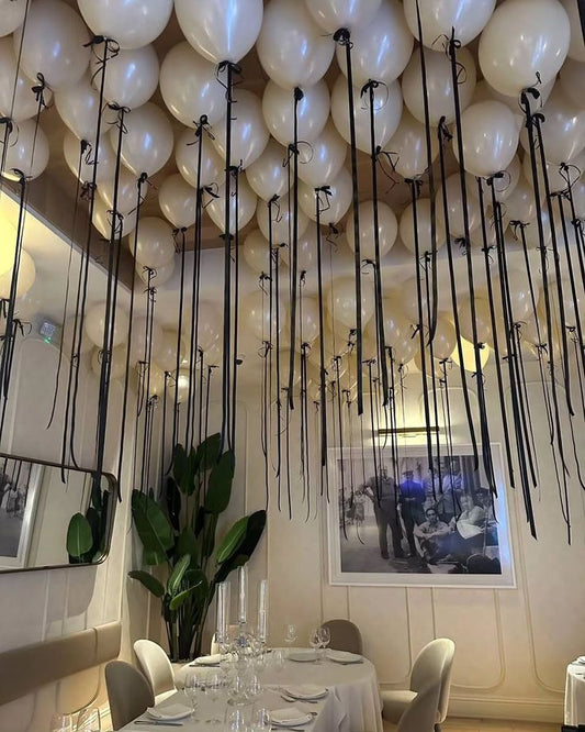 Beige White Ribbons Helium Latex Ceiling Balloons - Perfect for any occasions!