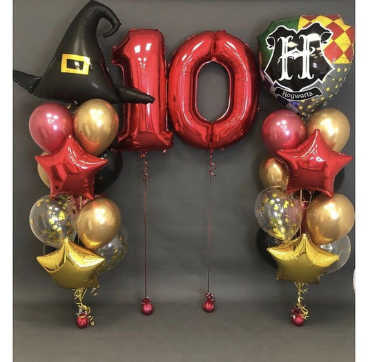 Helium Balloon Two Number Set of Red Numbers ‘10' Balloon, Harry Potter Flag, Witch Hat, Red and Gold Star with Latex Helium Bunch Red, Clear with Confetti, Black and Gold - Harry Potter-Themed Perfect for any Occasions