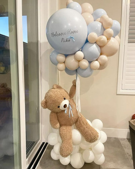 Hospital Welcoming Baby Balloon Beige, White and Blue Cloud-Themed Decor Setup with Teddy Bear and Customize Sticker - Perfect for special occasions