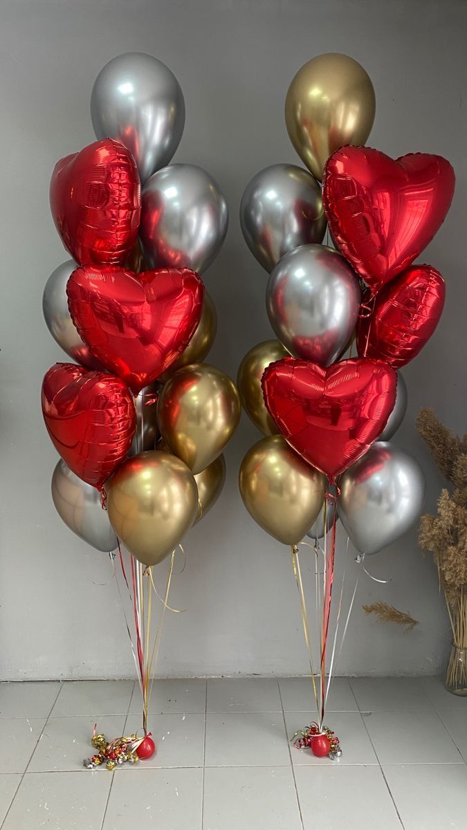 18pcs Silver and Gold Latex with 8pcs Red Heart-Shaped Helium Foil Balloons Bunch - Valentine's, Anniversary Perfect for special occasions!