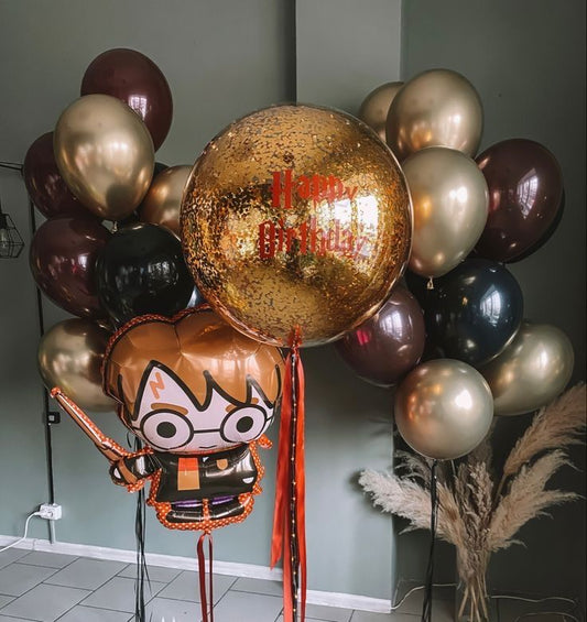 Personalised Clear with Confetti and Customize Sticker, Harry Potter Character and Latex Helium Bunch Black, Burgundy and Light Gold - Harry Potter-Themed Perfect for any Occasions