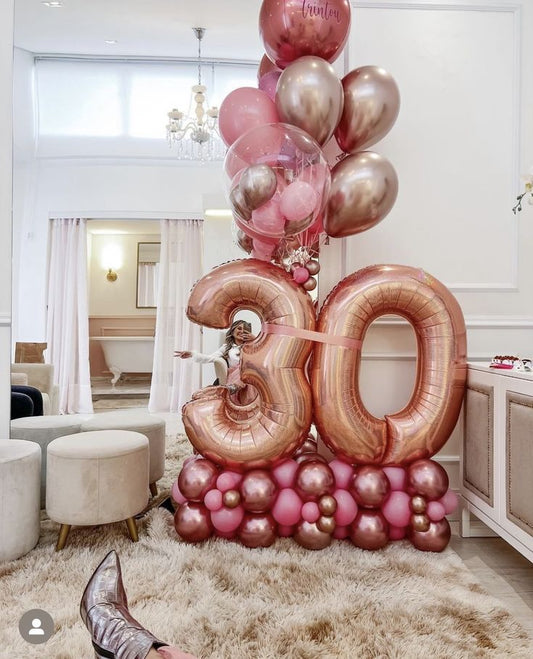 Platform Rose Gold Numbers '30' with Latex Rose Gold and Pink with Helium Latex, Orbs and Personalised Clear with Customize Sticker – Customizable Design