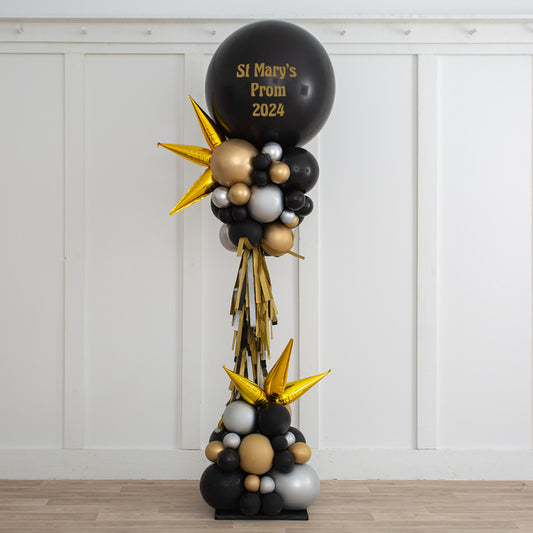 Personalised Black, Gold, and Silver Balloon and Tassels Pillar/Column/Tower with Star Accents and Tassel - Customizable for Any Celebrations