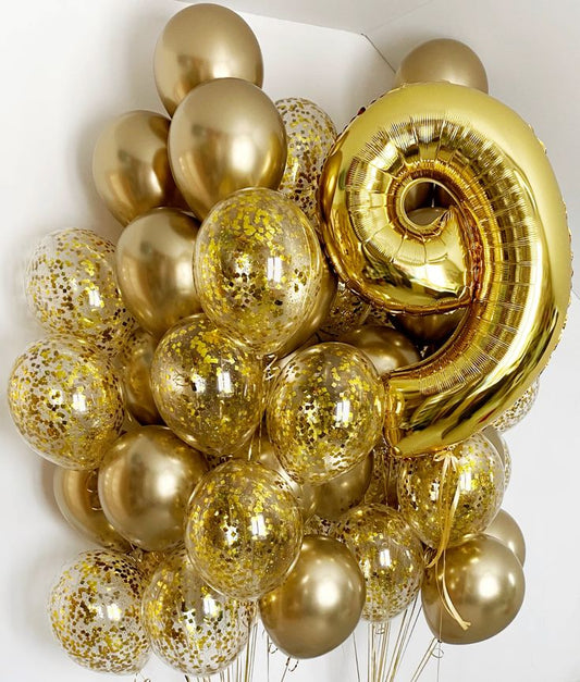 Helium Balloons Single Number Set Gold '9' and Latex Bunch Gold and Clear with Confetti - Perfect for any Occasions!