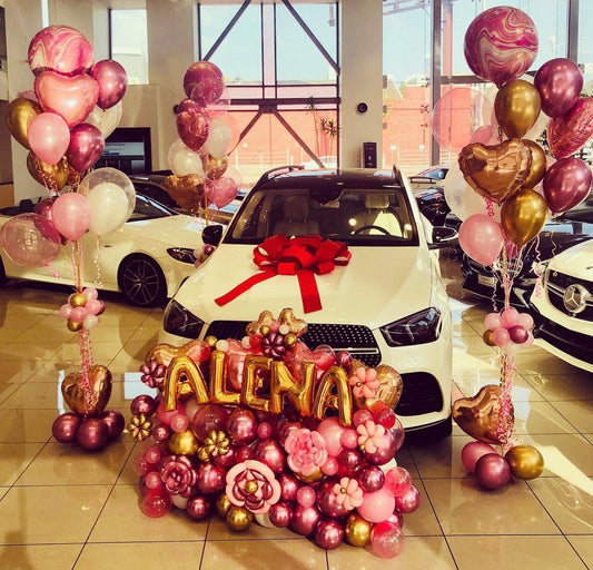 Car Surprise Balloon Design in Pink, Gold, Rose Gold, and Marble Accents – Perfect for Any Luxurious Celebrations