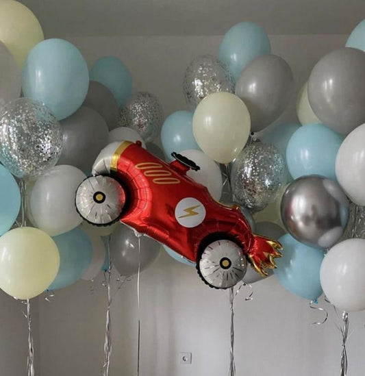 Helium Balloon Racing Car with Latex Yellow, Silver, Gray, White and Clear with Confetti Bunch - Racing Car-Themed Perfect for any Occasions