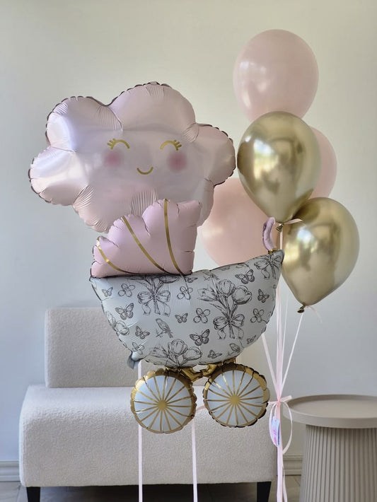 Baby Shower Stroller Pink and Gold with Pink Cloud Helium Foil Balloon Baby Pink Helium
