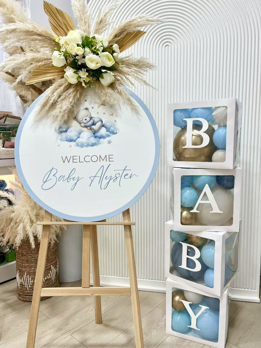 Baby Shower Balloon Light Gold, Blue and Beige with BABY Box with Mini Balloons and Customizable Circle KT Board and Artificial Boho-Themed Flowers Decor Setup - Perfect for special occasions