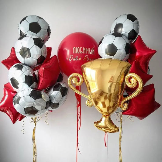 Personalised Sticker 36" Red Balloon with Tassels and Soccer Ball, Gold Champion and Red Star Helium Bunch with Shoes and Game Controller Foil - Sports-Themed, Football-Themed Soccer-Themed Perfect for any Occasions!
